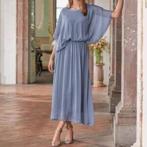 Sundance Baci Kalahari Blue Grey Silk Blouson Dolman Maxi Dress Small